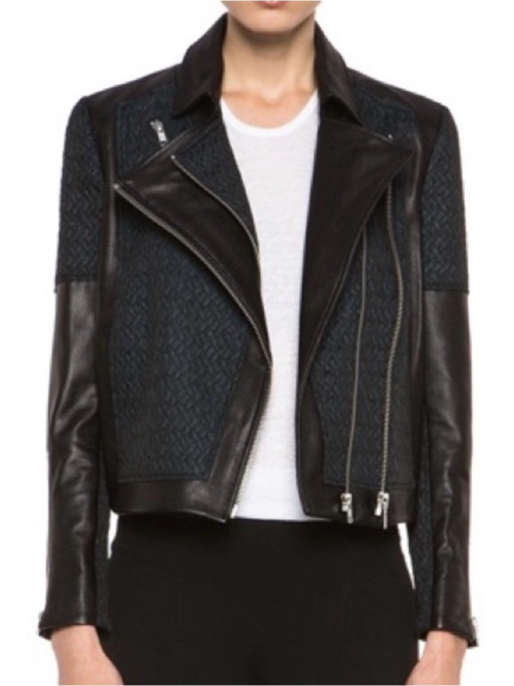 Helmut Lang Peak Jacquard Paneled Leather Moto Jacket